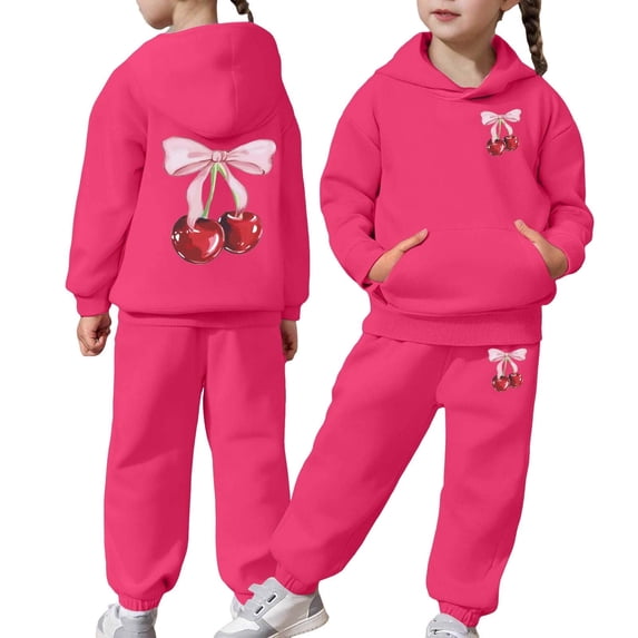 BUWTTED Girls Activewear Jogger Sets - 2 Piece Cherry Print Graphic Pullover Hoodie Sweatshirt Sweatpants Sweatsuit Outfits Hot Pink 4-5 Y