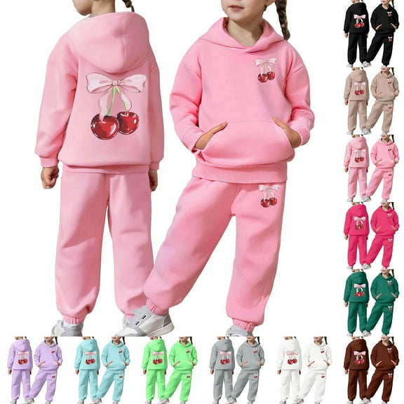 BUWTTED Girls Activewear Jogger Sets - 2 Piece Cherry Print Graphic Pullover Hoodie Sweatshirt Sweatpants Sweatsuit Outfits Pink 2-3 Y