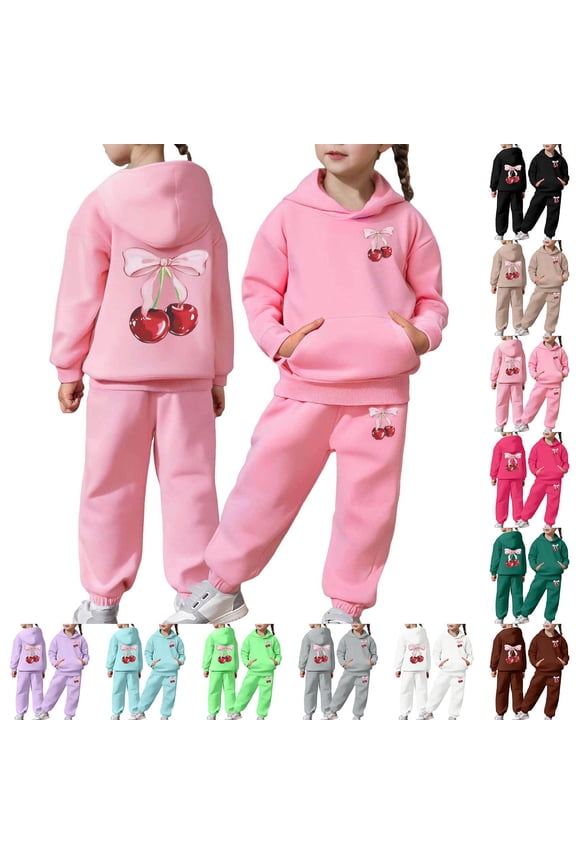 Girls Activewear Jogger Sets - 2 Piece Cherry Print Graphic Pullover Hoodie Sweatshirt Sweatpants Sweatsuit Outfits Pink 2-3 Y