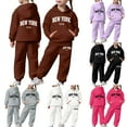thumbnail image 1 of BUWTTED Girls Activewear Jogger Sets - 2 Piece New York Letter Print Graphic Pullover Hoodie Sweatshirt Sweatpants Sweatsuit Outfits Coffee 12-13 Y, 1 of 8
