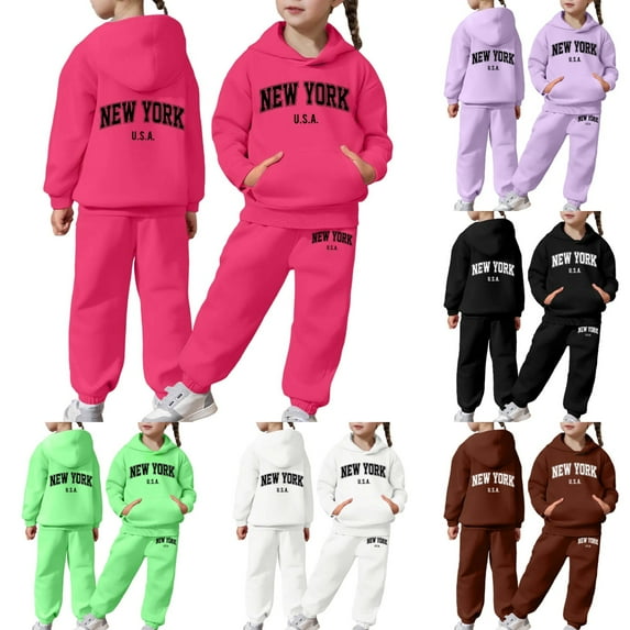 BUWTTED Girls Activewear Jogger Sets - 2 Piece New York Letter Print Graphic Pullover Hoodie Sweatshirt Sweatpants Sweatsuit Outfits Hot Pink 8-9 Y