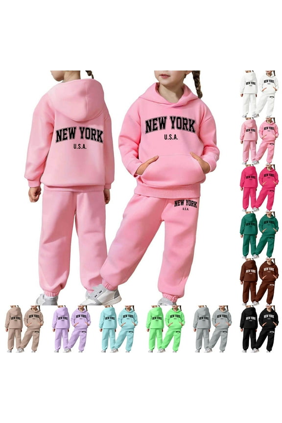 Girls Activewear Jogger Sets - 2 Piece New York Letter Print Graphic Pullover Hoodie Sweatshirt Sweatpants Sweatsuit Outfits Pink 2-3 Y