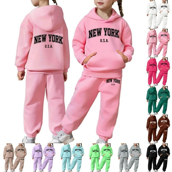 BUWTTED Girls Activewear Jogger Sets - 2 Piece New York Letter Print Graphic Pullover Hoodie Sweatshirt Sweatpants Sweatsuit Outfits Pink 2-3 Y