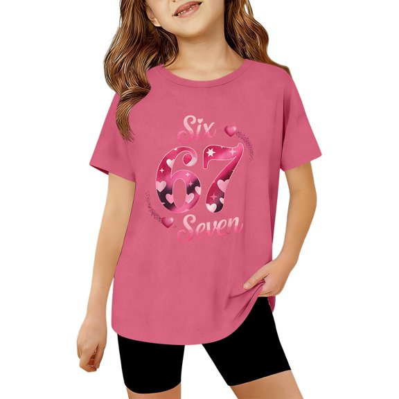 BUWTTED Girls Crewneck Short Sleeve Graphic Tees Six Seven Print Shirts Cute Summer 67 Pattern Outfits Hot Pink Size 7-8 Y