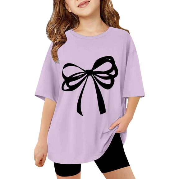 BUWTTED Girls Crewneck Short Sleeve Graphic Tees Six Seven Print Shirts Cute Summer 67 Pattern Outfits Light Purple Size 3-4 Y