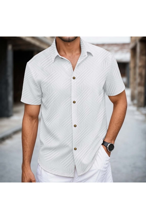 Men Shirts Solid Color Short Sleeve Jacquard Pattern Casual Button Down Open Collar Comfortable Breathable Top White Shirts S