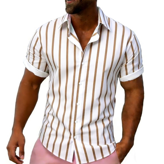 BUWTTED Men Shirts Stripe Short Sleeve Summer Casual Lightweight Breathable Button Down Collar Gold Shirts XXL