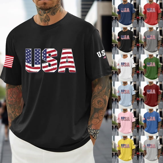 BUWTTED Men T Shirts USA Graphic Print Casual Short Sleeve Tees Four The July Anniversary Celebration Comfortable Black Shirt L