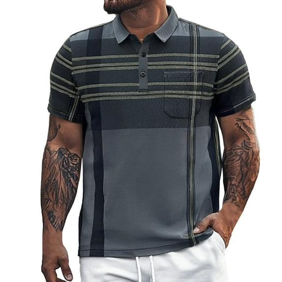 BUWTTED Men's Casual Golf Shirts Short Sleeve Button Down Striped Collared Shirts Summer Work T-Shirt