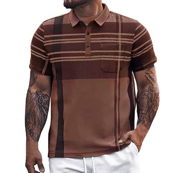 BUWTTED Men's Casual Golf Shirts Short Sleeve Button Down Striped Collared Shirts Summer Work T-Shirt