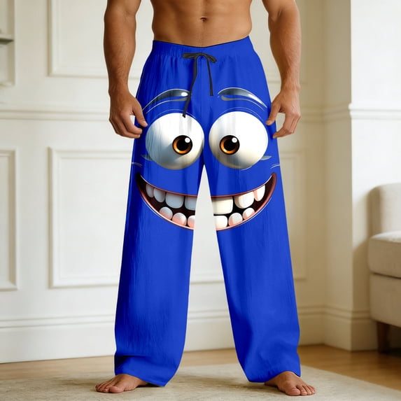 BUWTTED Men's Casual Pants Relaxed Fit Funny Emoction Print Graphic Elastic Wasit Comfortable Straight Leg Leisure Lounge Blue Pants S