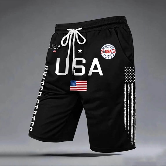 BUWTTED Men's Casual Pants Usa Flag Print 250Th Anniversary Shorts Lightweight Summer Holiday Beach Drawstring Elastic Waist Black Pants L
