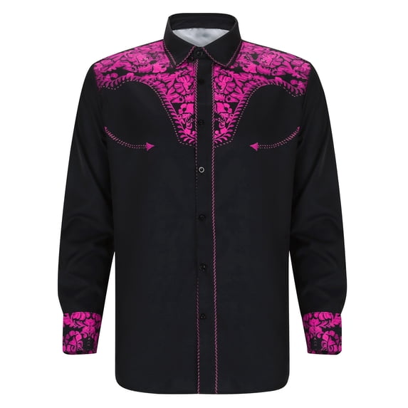 BUWTTED Men's Cowboy Shirts Western Embroidered Work Long Sleeve Button Up Comfortable Spring Fall Hot Pink Shirts S-XXXL