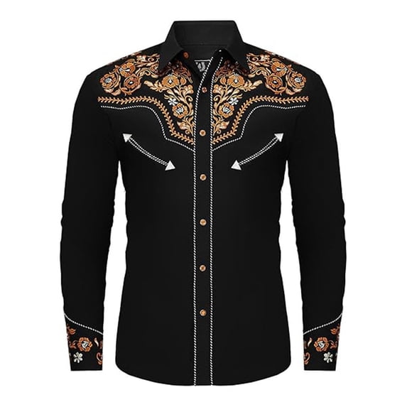 BUWTTED Men's Cowboy Shirts Western Embroidered Work Long Sleeve Button Up Comfortable Spring Fall Orange Shirts S-XXXL