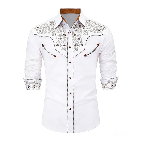 BUWTTED Men's Cowboy Shirts Western Embroidered Work Long Sleeve Button Up Comfortable Spring Fall White Shirts S-XXXL