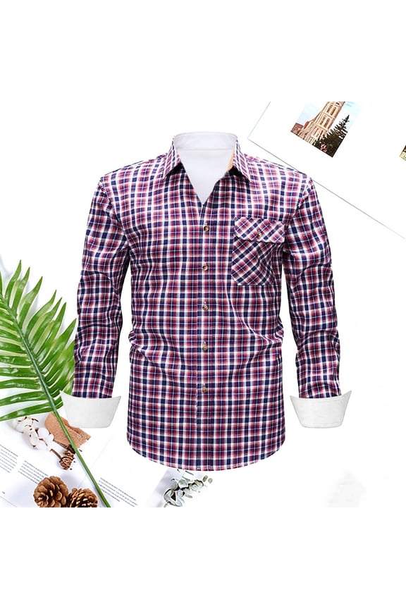 Men's Shirts Plaid Button Down Collar Spring Fall Casual Check Long Sleeved Slim Fit Dress Work Red Shirts XL