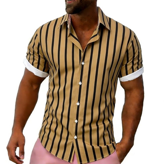 BUWTTED Men's Shirts Stripe Short Sleeve Summer Casual Lightweight Breathable Button Down Collar Brown Shirts M