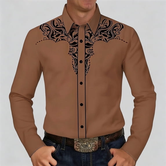 BUWTTED Men's Shirts Western Cowboy Vintage Retro Embroidered Print Long Sleeve Slim Fit Casual Button Down Spring Work Gold Shirt XXXL