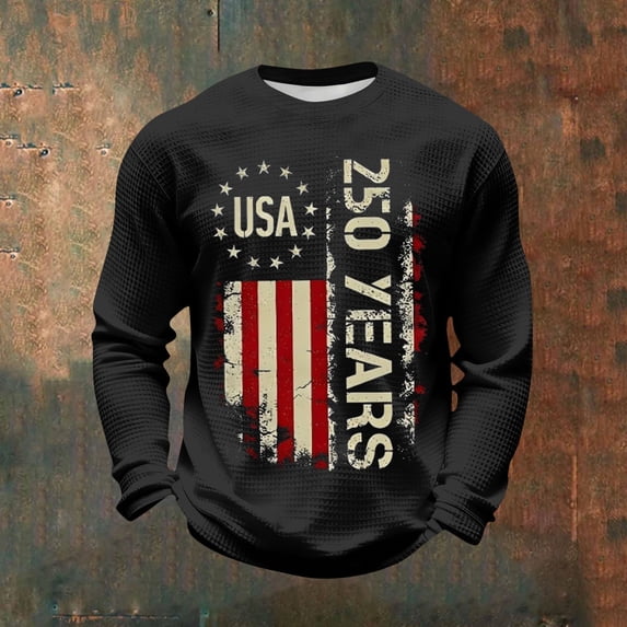 BUWTTED Men's T Shirts 250th USA Flag Print Graphic Knit Tees Independence Day Casual Long Sleeve Crew Neck Black Shirt L