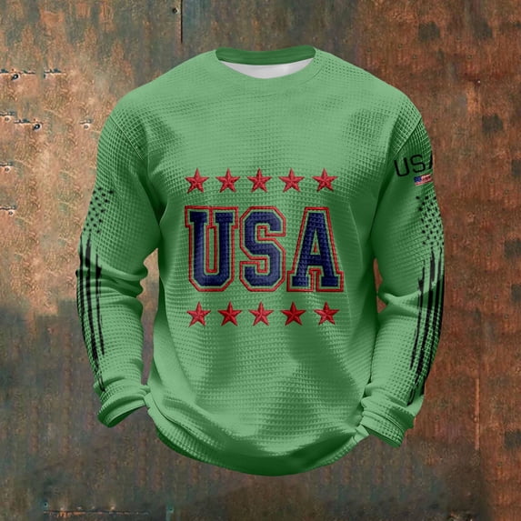 BUWTTED Men's T Shirts USA Flag Graphic Independence Day Knit Tee Casual Slim Fit Long Sleeve Crew Neck Green Shirt XXXXL