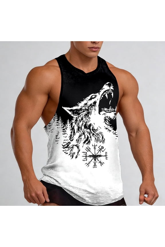 Men's Tank Tops Pattern Print Muscle Retro Casual Athletic Sleeveless Workout Gym Vest Comfortable Breathable Summer Black Shirt L