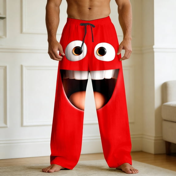 BUWTTED Mens Casual Pants Funny Emoction Print Graphic Elastic Wasit Relaxed Fit Comfortable Straight Leg Leisure Lounge Red Pants L