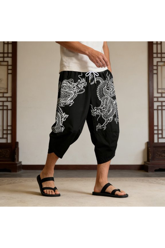 Mens Casual Pants Spring Summer Outdoor Casual Trousers Loose Fit Exotic Ethnic Chinese Crop Black Pants XXXL