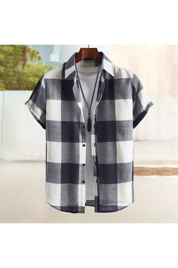 Mens Dress Shirts Button Down Plaid Summer Casual Check Short Sleeve Collar Classic 2026 Trendy Navy Shirts S