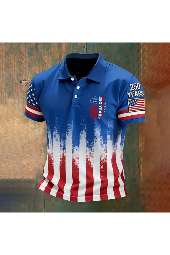 Mens Independent Day Shirts Short Sleeve Slim Fit Polos Flag Graphic Print Summer Shirt Blue M