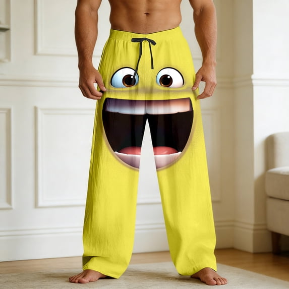 BUWTTED Mens Pants Elastic Wasit Relaxed Fit Funny Emoction Print Graphic Comfortable Straight Leg Leisure Lounge Yellow Pants L