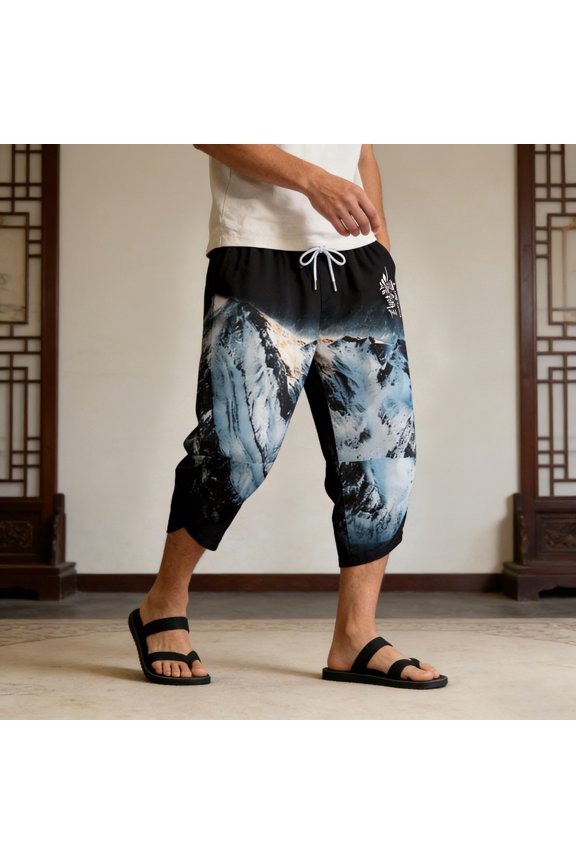 Mens Pants Spring Summer Outdoor Casual Trousers Loose Fit Exotic Ethnic Chinese Crop Black Pants L