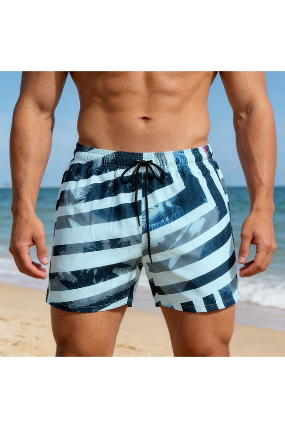Mens Pants Striped Drawstring Elastic Waist Swim Trunks with Pocket Beach Surfing Athletic Water Sports Blue Pants M