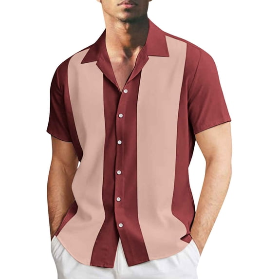 BUWTTED Mens Shirts Classic Summer Casual Beach Seaside Business Stripe Printing Color Block Lapel Button Short Sleeve Red Shirt XL