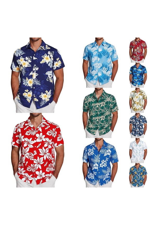 Mens Shirts Summer Short Sleeve Button Down Lapel Floral Print Beach Hawaiian Vacation Shirts Dark Blue XXL