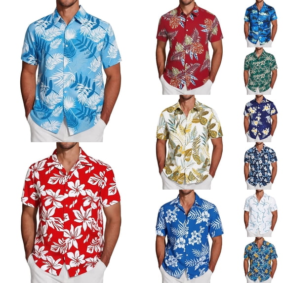 BUWTTED Mens Shirts Summer Short Sleeve Button Down Lapel Floral Print Beach Hawaiian Vacation Shirts Light Blue L