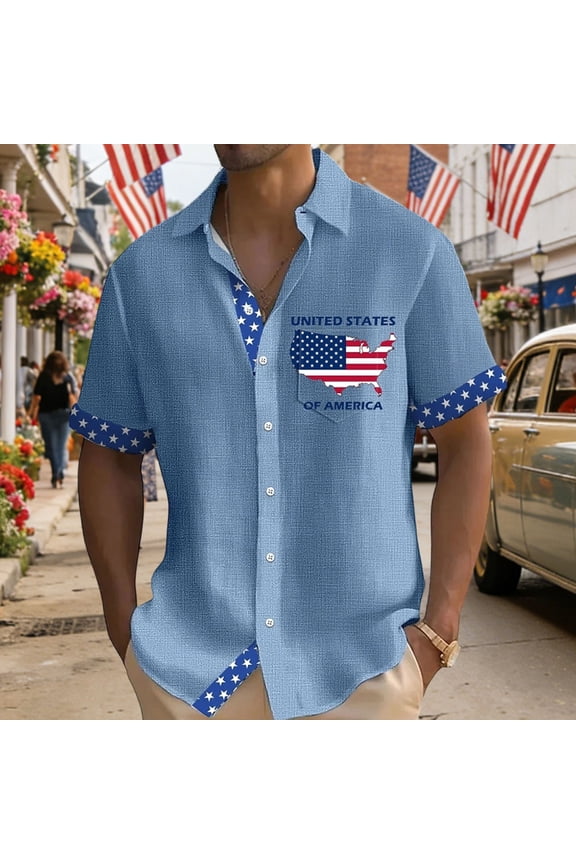 Mens Shirts USA Flag Print Chest Pocket Summer Loose Fit 250th Anniversary Short Sleeve Button Down Lapel Blue Shirt XL