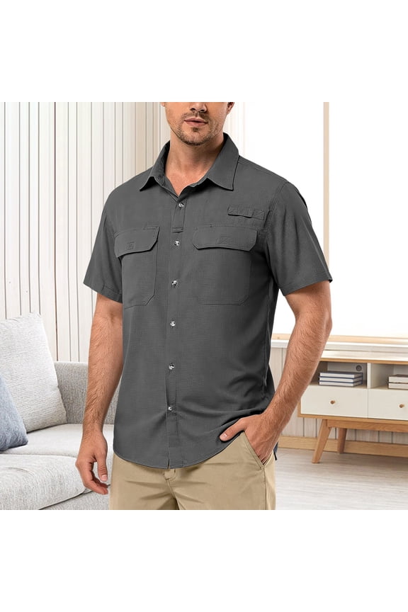Mens Shirts with Double Chest Pockets Lightweight Short Sleeve Summer Breathable Button Down Hiking Travel Work Grey Shirt XXL