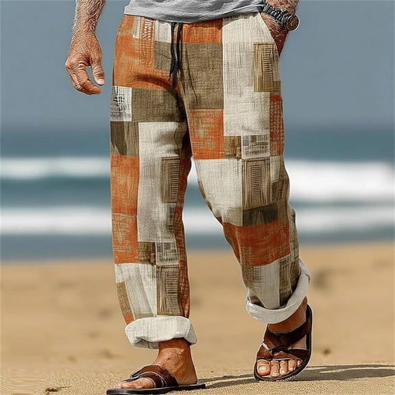 BUWTTED Mens Slacks Casual Digital 3D Printing Loose Fit Retro Beach Travel Relaxed Fit Oversized Orange Pants M