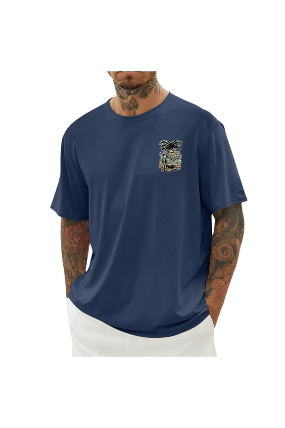 Mens T Shirts Short Sleeve Summer Beach Vacation Loose Fit Hawaiian Print Basic Crew Neck Graphic Tees Navy XL