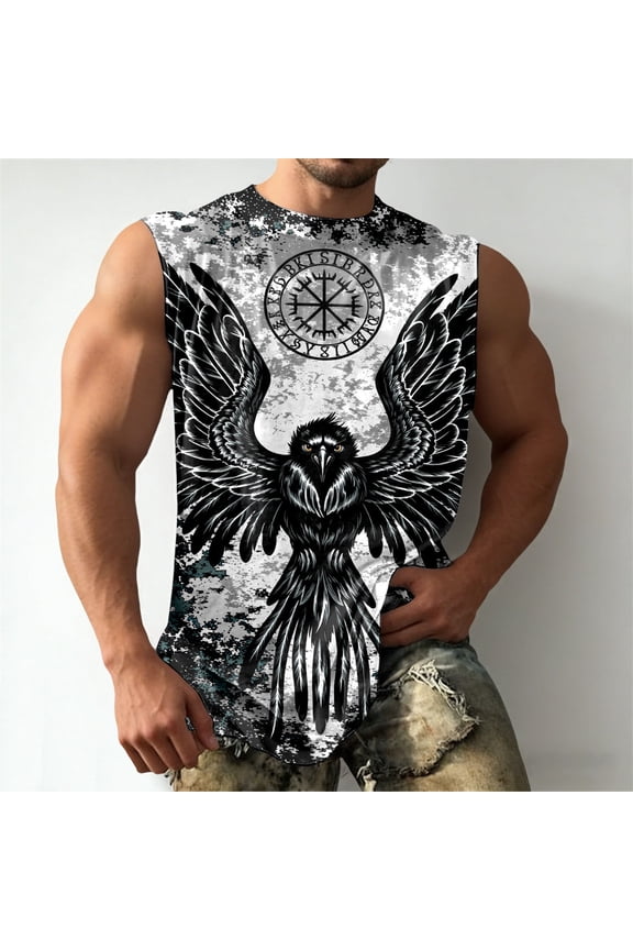 Mens Tank Top Pattern Print Muscle Retro Athletic Sleeveless Shirt Casual Workout Gym Wear Black Shirt L