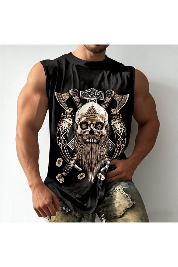 Mens Tank Tops Pattern Print Muscle Retro Loose Fit Workout Sleeveless Shirt Athletic Casual Wear Comfortable Breathable Black Shirt XL