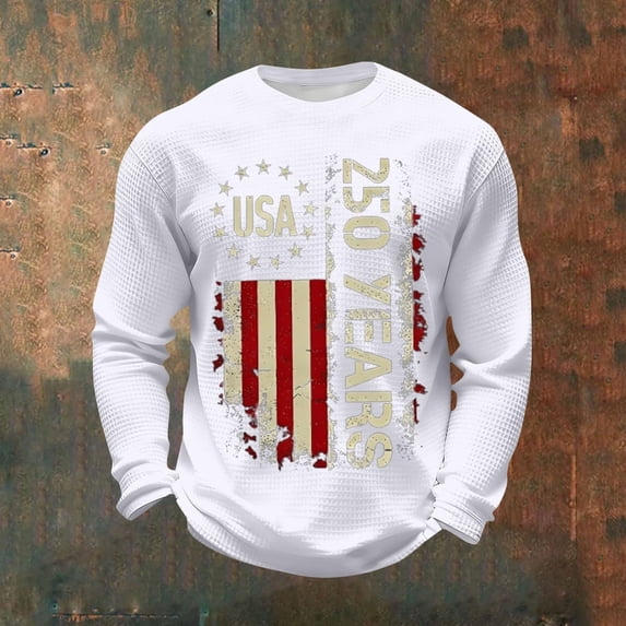 BUWTTED Mens Tshirts 250th USA Flag Print Graphic Knit Tees Independence Day Casual Long Sleeve Crew Neck White Shirt XL