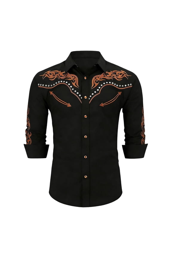 Mens Western Cowboy Shirts Long Sleeve Button Down Lapel Slim Embroidered Spring Fall Black Shirts XXXL