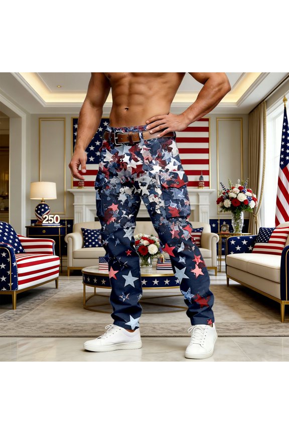 Pants for Men Casual Cargo with Patriotic Print Comfortable Trousers Daily Wear Outdoor Activities Navy Pants L