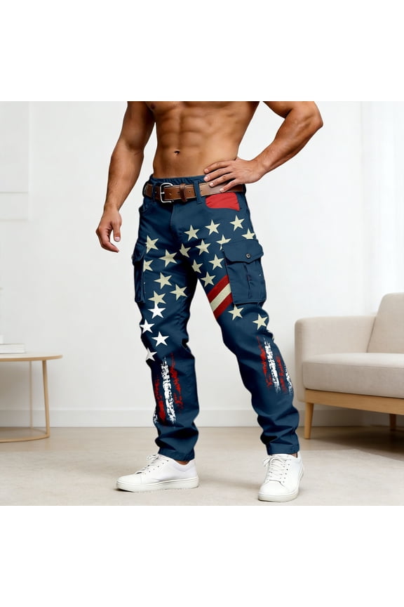 Pants for Men Fourth of July Cargo 250th Anniversary Print Double Pocket Work American Flag Graphic Festive Navy Pants S
