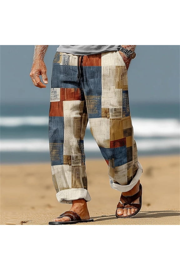 Pants for Men Retro Vintage Distressed Theme Straight Leg Loose Fit Summer Breathable Color Block Blue Pants L