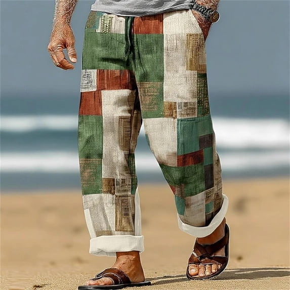 BUWTTED Pants for Men Retro Vintage Distressed Theme Straight Leg Loose Fit Summer Breathable Color Block Green Pants M