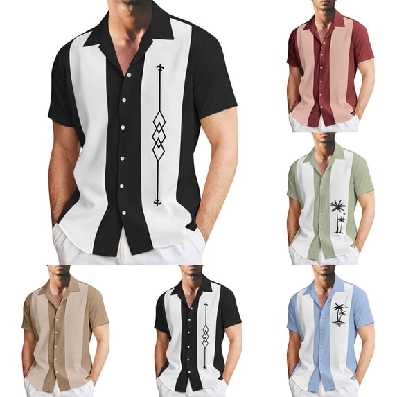 BUWTTED Shirts for Men Classic Summer Casual Beach Seaside Business Stripe Printing Color Block Lapel Button Short Sleeve Black Shirt L