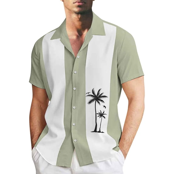 BUWTTED Shirts for Men Classic Summer Casual Beach Seaside Business Stripe Printing Color Block Lapel Button Short Sleeve Green Shirt XXL