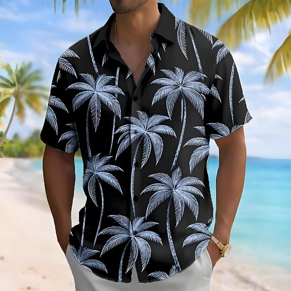 BUWTTED Shirts for Men Short Sleeve Button Down Loose Hawaiian Beach Tropical Print Summer Casual Holiday Vacation Breathable Navy Shirt XXL